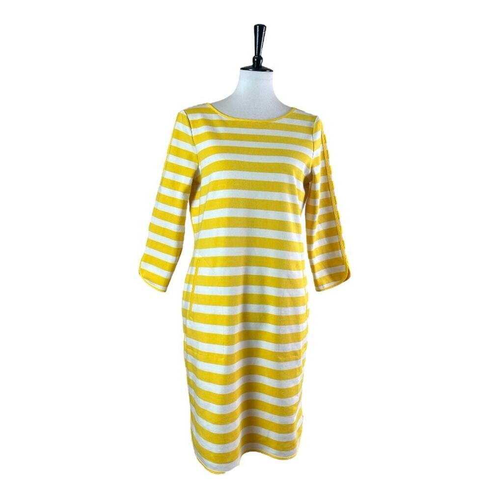 Lands’ End Shift Dress Ponte Knit 3/4 Sleeves Pockets Yellow Stripe Women’s 12